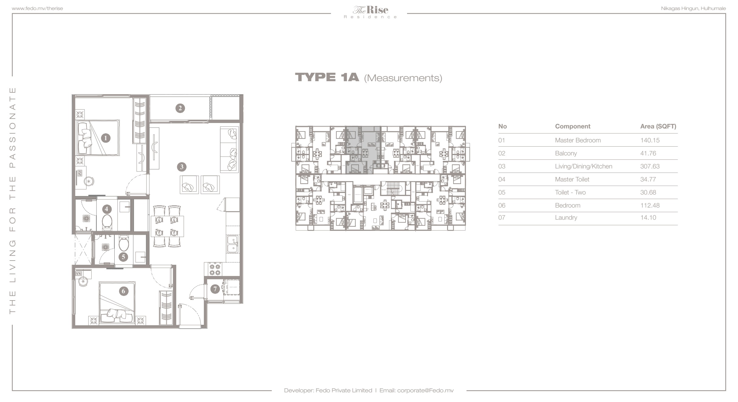 The Rise Type 1A两卧尺寸标注户型图